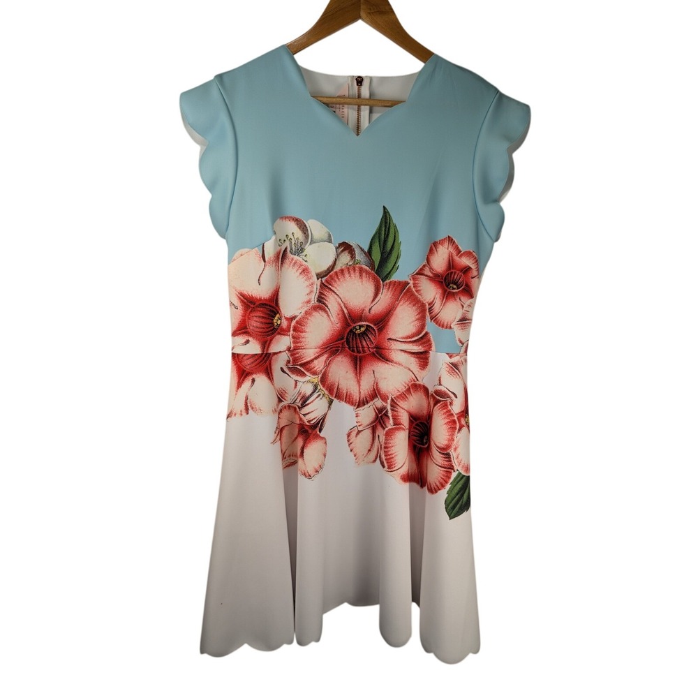 Ted Baker Maevea Floral Scalloped Skater Dress Blue White Size 3 US 8 WH8W GDS9